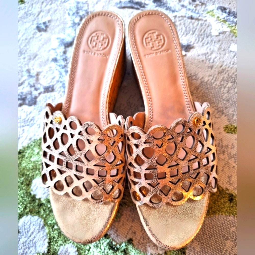 Tory Burch Metallic Gold Cutout Cork Wedge Sandals - Picture 2 of 7
